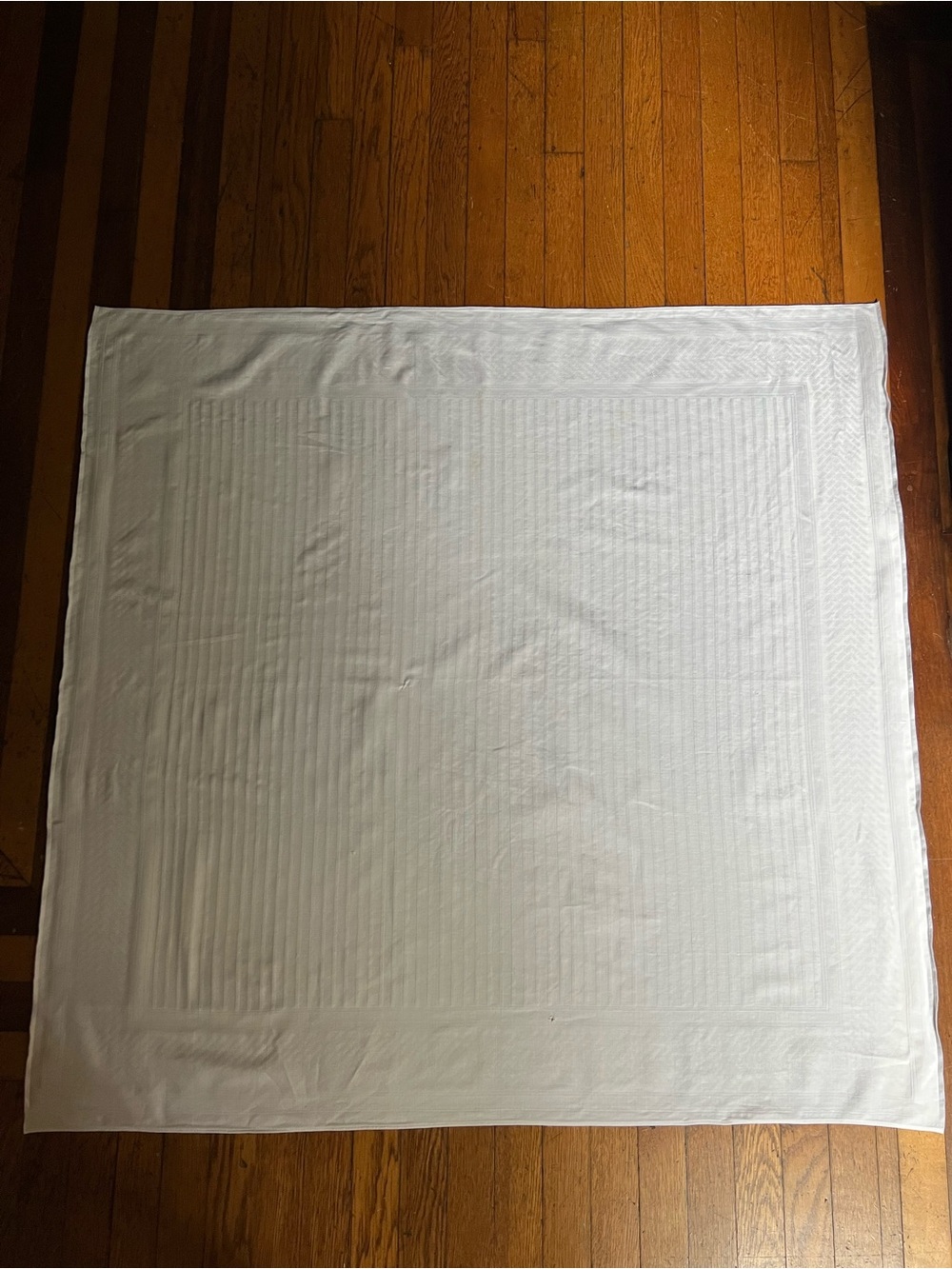 Vintage linen White work striped Tablecloth with decorative border 43 in square.